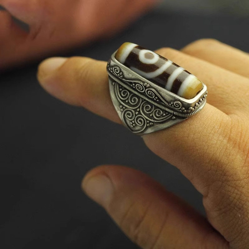 新款现货高品质版本藏式古传统老工艺天珠戒指男女二眼大号指环