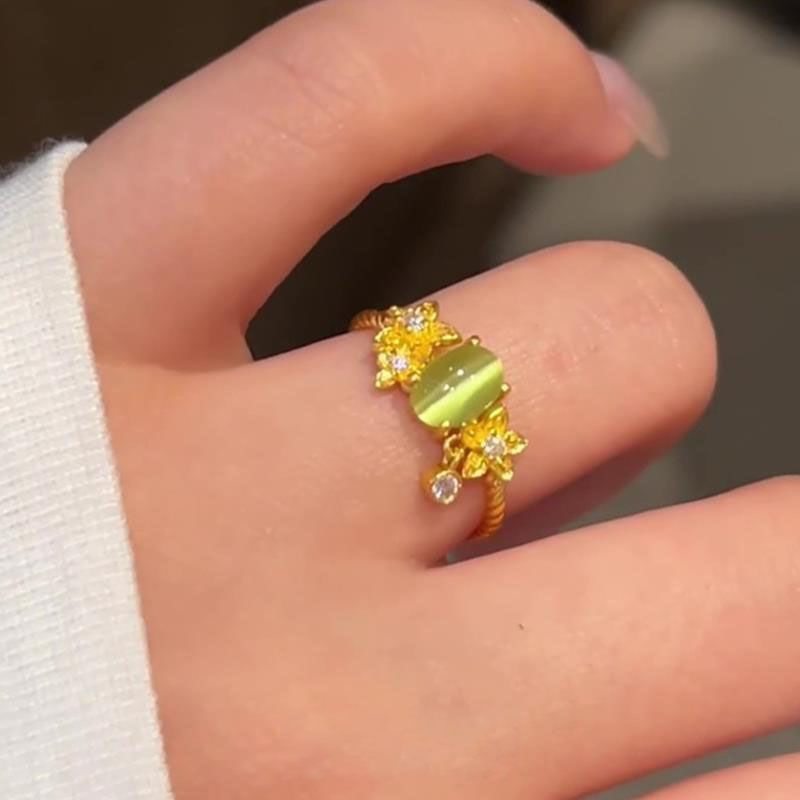 v金材质真金电镀一汪春水银色淡绿色猫眼石金色花朵戒指珠边指环
