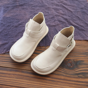 文艺小短靴女新款 春秋单靴子复古平底大头女靴百搭加绒软底短靴女