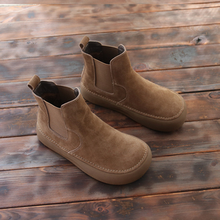 牛皮复古短靴女冬季 软底女靴子厚底切尔西靴加绒保暖马丁靴女 新款