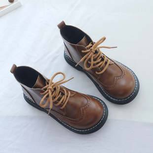 布洛克马丁靴女秋冬新款 圆头女靴厚底百搭英伦靴子复古大头短靴女