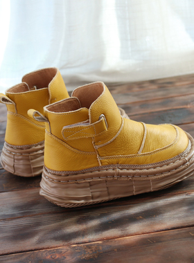 牛皮厚底短靴女2025秋季新款女靴森女百搭丑萌单靴舒适增高马丁靴