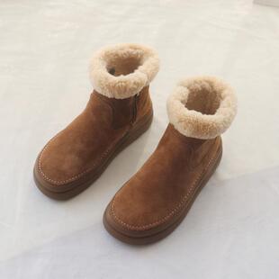 真皮茸茸靴女冬季 女厚底复古短靴保暖加绒雪地靴女 女靴子毛毛棉鞋