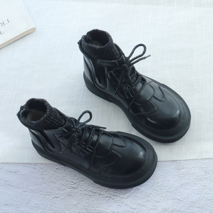 复古马丁靴女英伦风秋冬新款 靴子欧美范厚底毛线口袜靴加绒短靴女