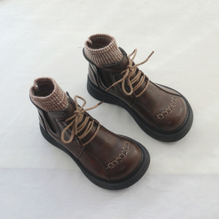 复古马丁靴女英伦风新款 百搭大头短靴 加绒女靴厚底毛线口袜靴时尚