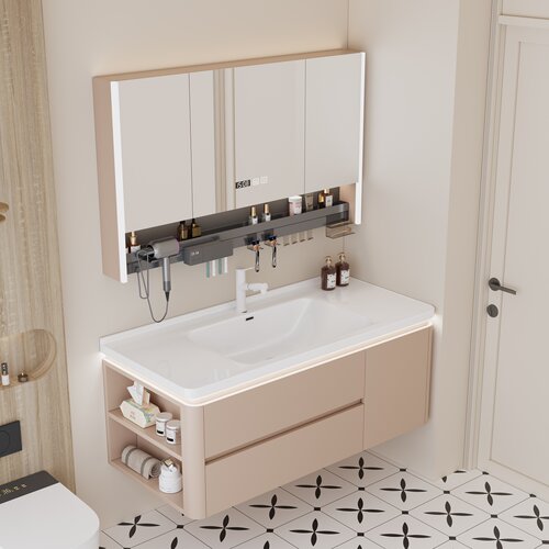 奶油风陶瓷浴室柜组合现代简约一体盆洗漱台小户型壁挂