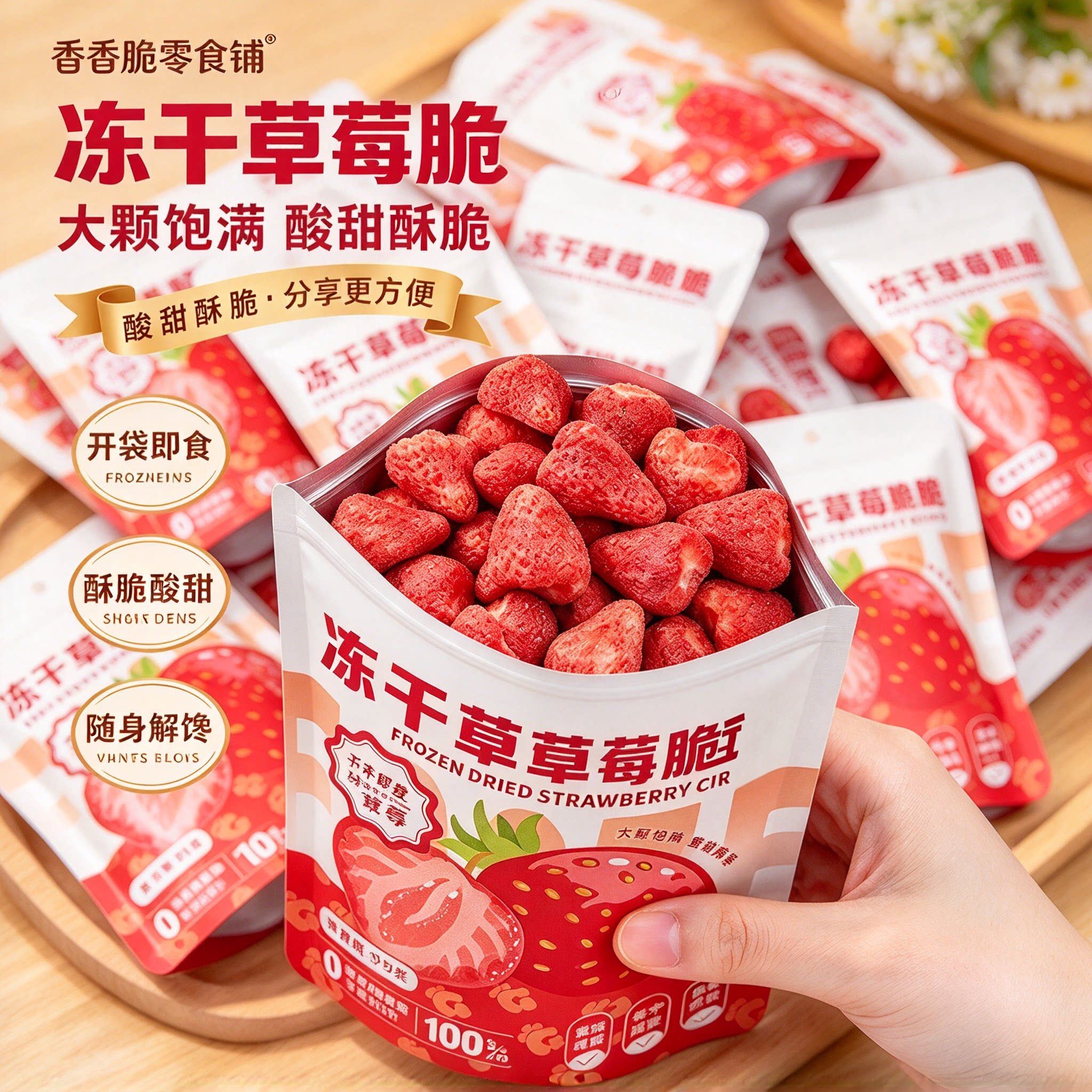 【巨好吃】冻干草莓脆袋装整颗大粒草莓干香甜酥脆果蔬脆解馋零食