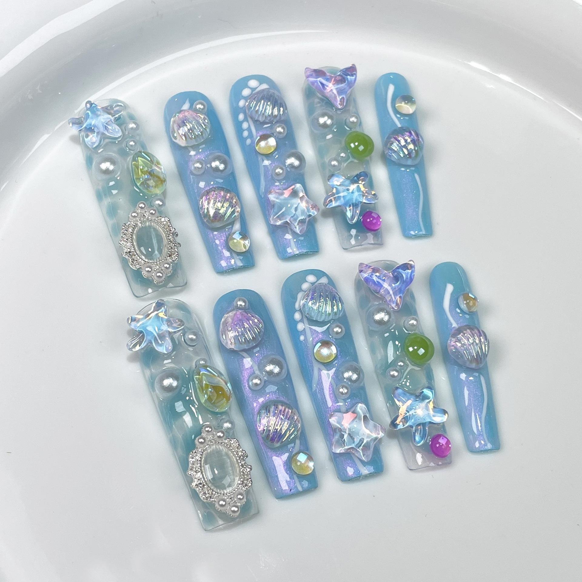 欧美水管极光甲蓝色梦幻海洋系可爱清新长款手工穿戴甲成品假指甲