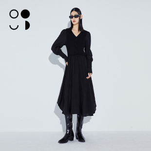 v领拼接气质连衣裙女 显瘦长袖 W312L16226 修身 未知未觉2024春新品