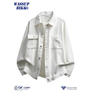 WASSUP BIKK白色牛仔外套男款春秋复古翻领宽松休闲工装夹克上衣