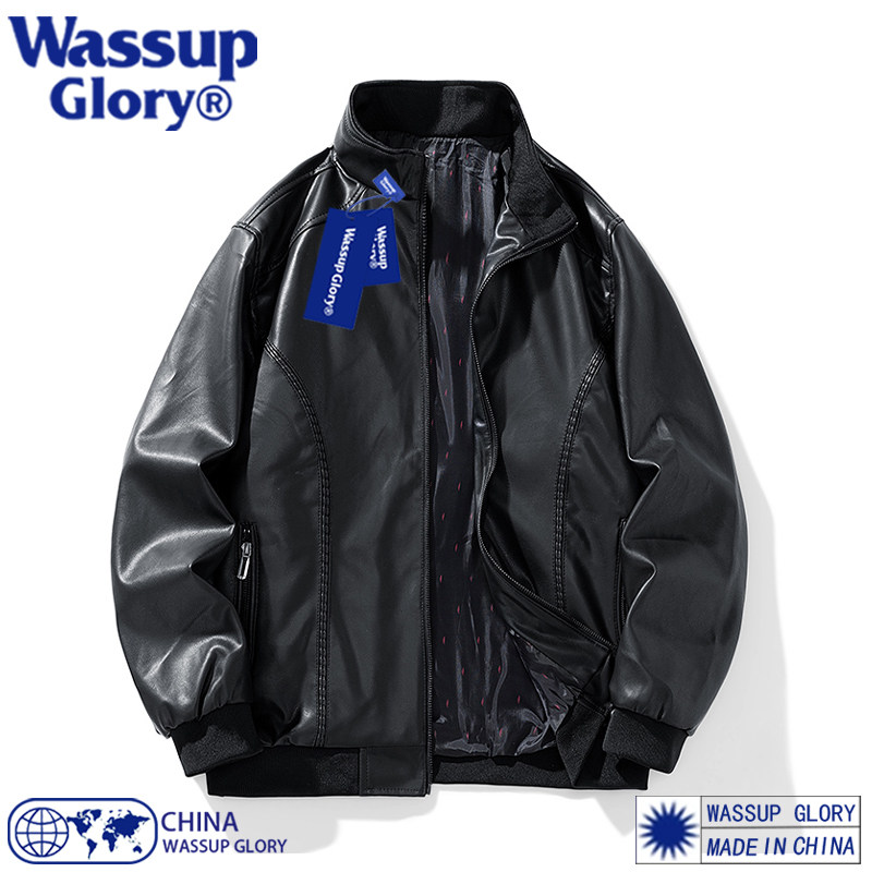 WASSUP GLORY机车pu皮衣外套男春秋季美式潮牌休闲大码立领夹克衫