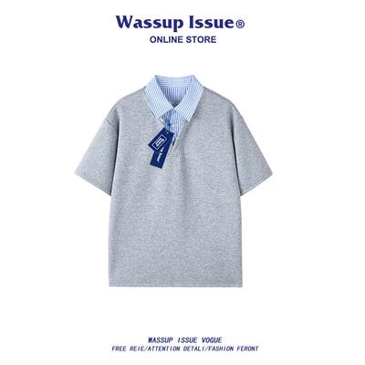WASSUP ISSUE美式假两件短袖POLO衫男款夏季宽松情侣装体恤男t恤T