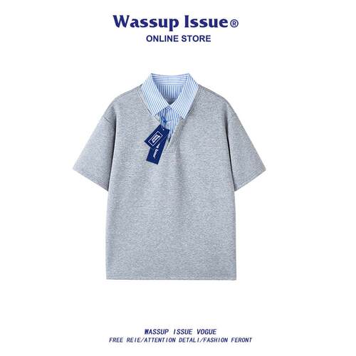 WASSUP ISSUE美式假两件短袖POLO衫男款夏季宽松情侣装体恤男t恤T