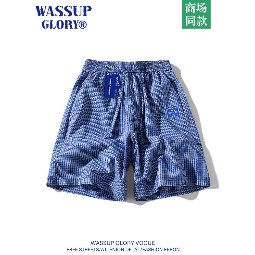 WASSUP GLORY纯棉短裤男五分裤夏季撞色宽松休闲裤蓝色格子裤子