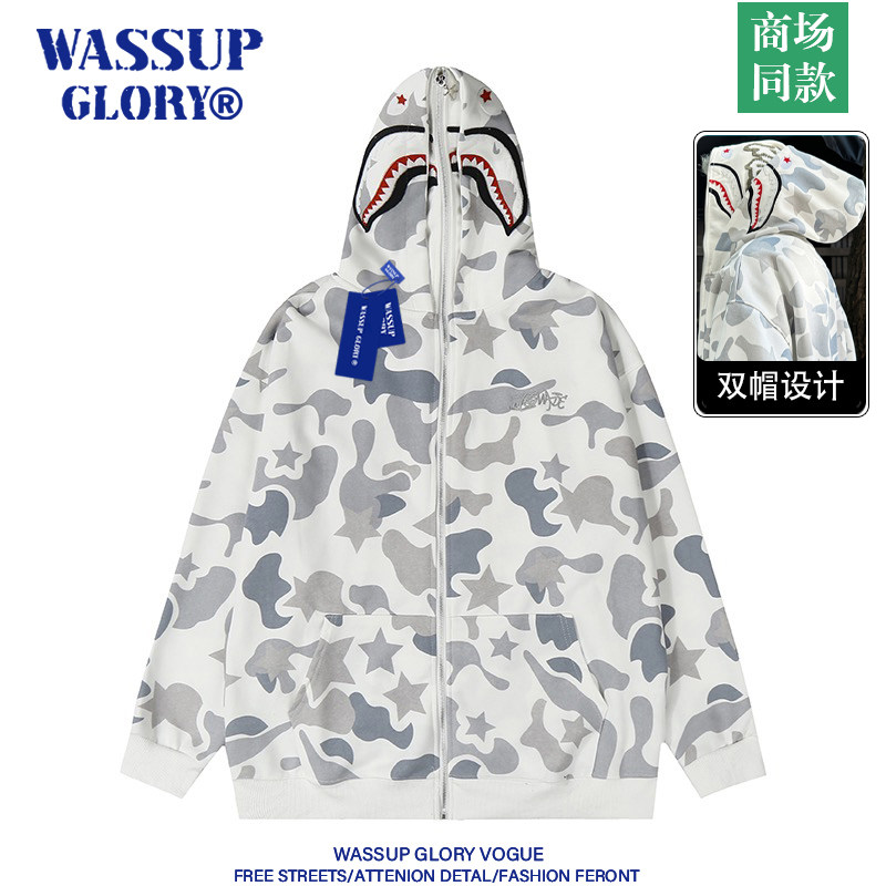WASSUP GLORY双帽鲨鱼外套男春季美式高街开衫卫衣设计感迷彩上衣