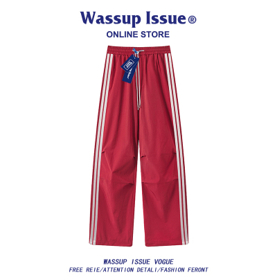 WASSUP ISSUE美式冲锋裤男款春秋三条杠运动裤休闲阔腿直筒裤子男
