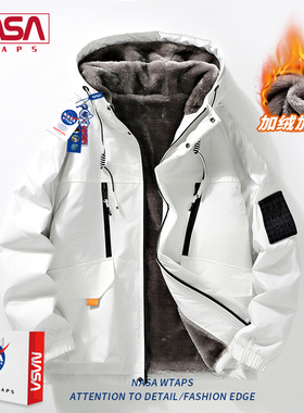NASA WTAPS2025秋冬季连帽男新款加绒加厚夹克外套冲锋衣休闲风衣