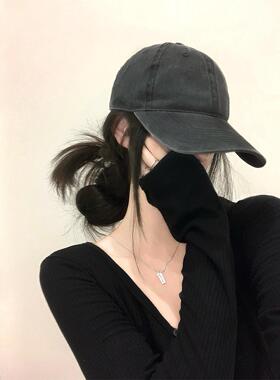 灰色复古水洗做旧大头围鸭舌帽女