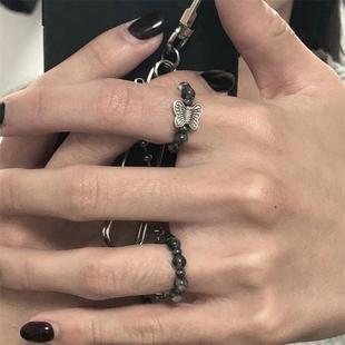 天然原石蝴蝶暗黑灰串珠拼接弹性戒指潮流搭配指环三件套嘻哈男女