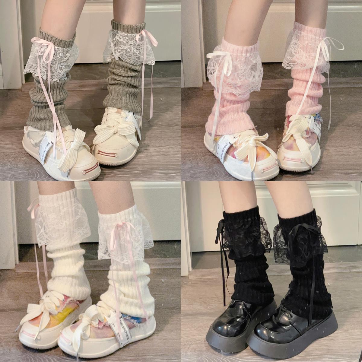 日系蕾丝蝴蝶结堆堆袜y2k少女白