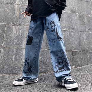 秋季新款韩国ins原宿风复古二次元卡通印花阔腿牛仔裤长裤男女潮