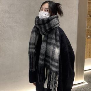 新款黑色格子仿羊绒围巾女冬季韩版流苏加厚保暖高级感情侣围脖