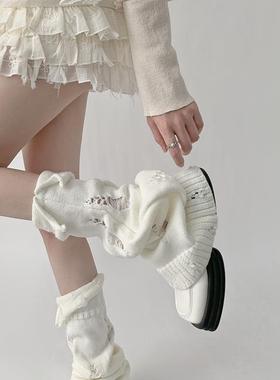 2023新款针织袜套女灰色翻边破洞腿套y2k亚文化喇叭堆堆中筒袜