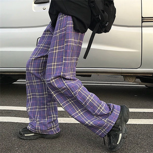 秋季韩版ulzzang原宿街头潮流情侣格子直筒阔腿宽松简约口袋长裤