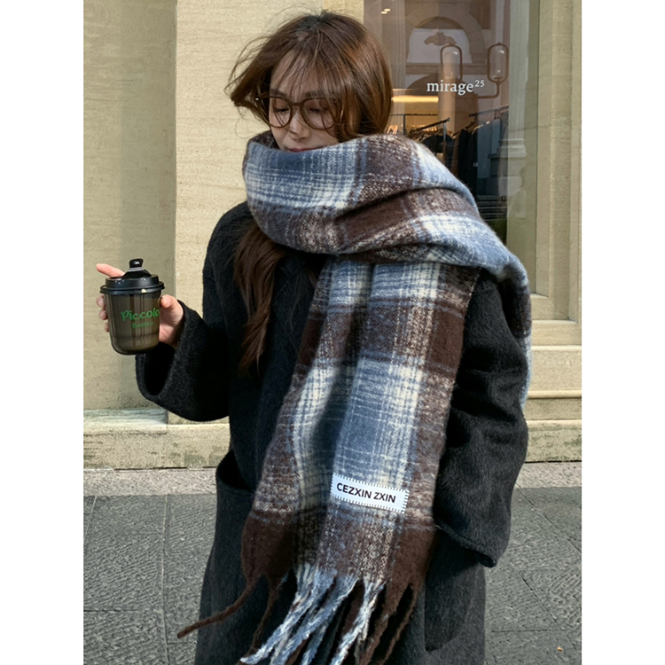 韩版马海毛格子加厚保暖围巾