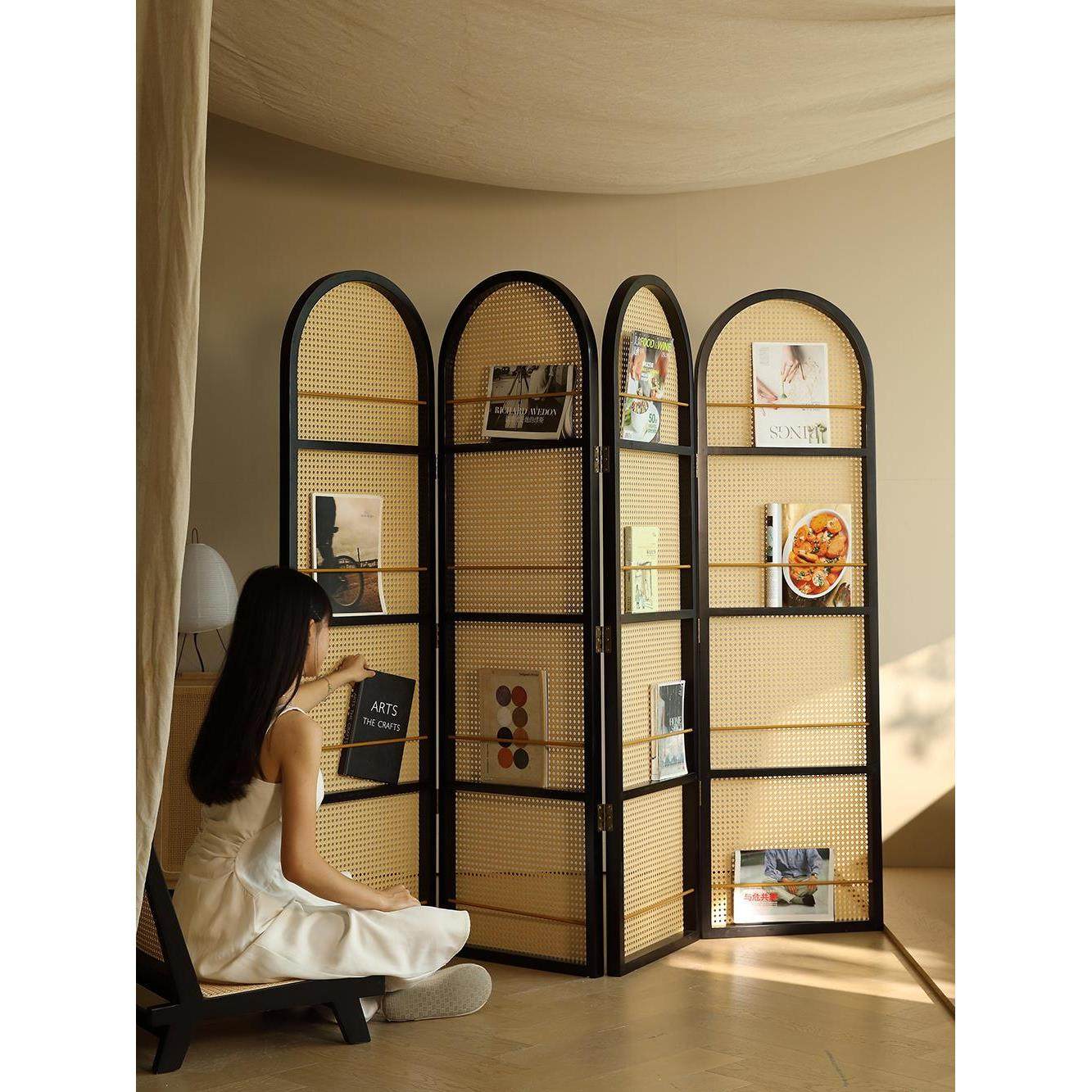 实木藤编屏风入户遮挡折叠法式复古玄关移动中古客厅隔断移动书架