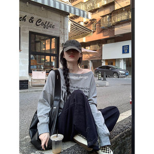 Unique design  两面穿设计字母印花长袖T秋季新款宽松百搭上衣女