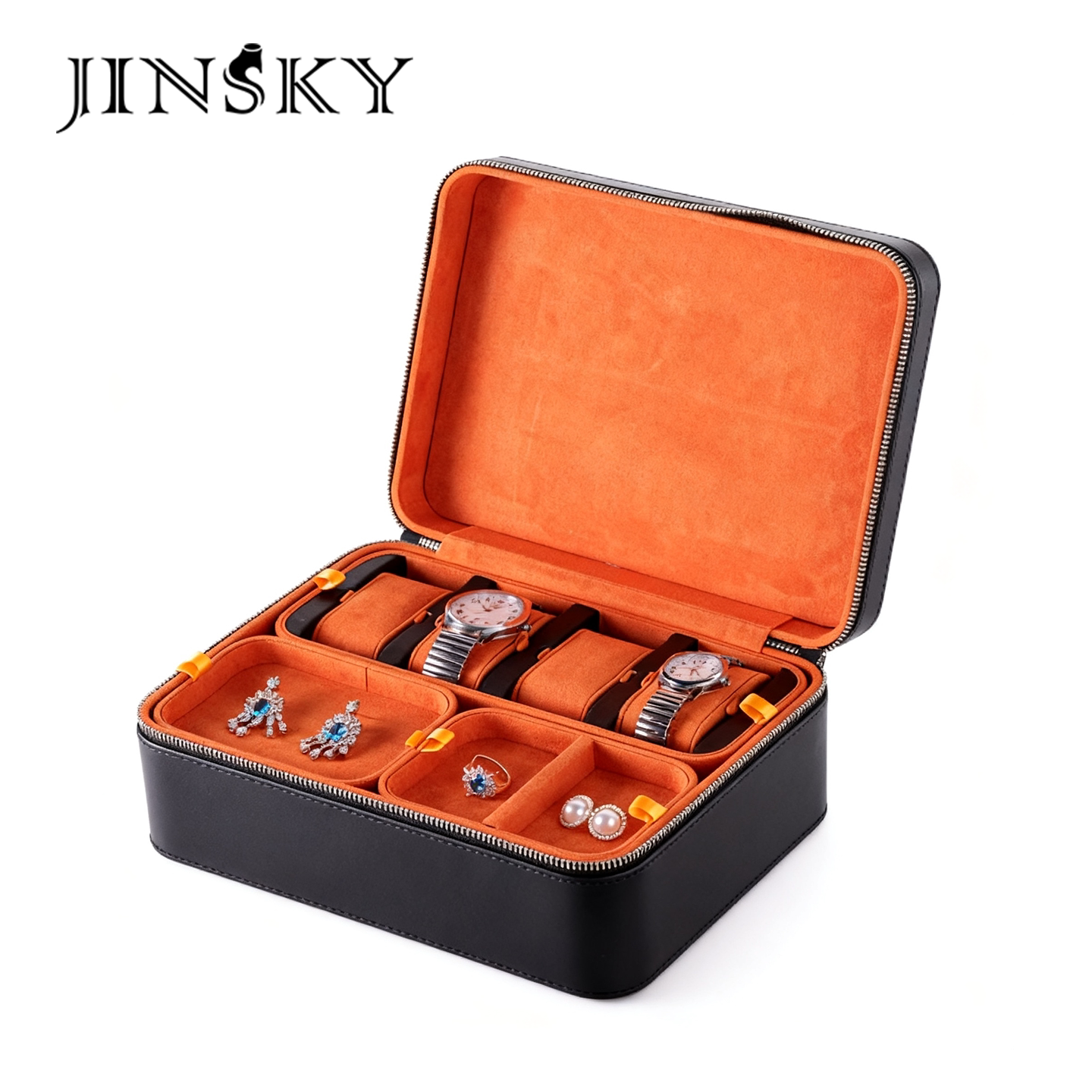 JINSKY多功能拉链分格手表手镯首饰盒便携式PU皮收纳盒旅行表包