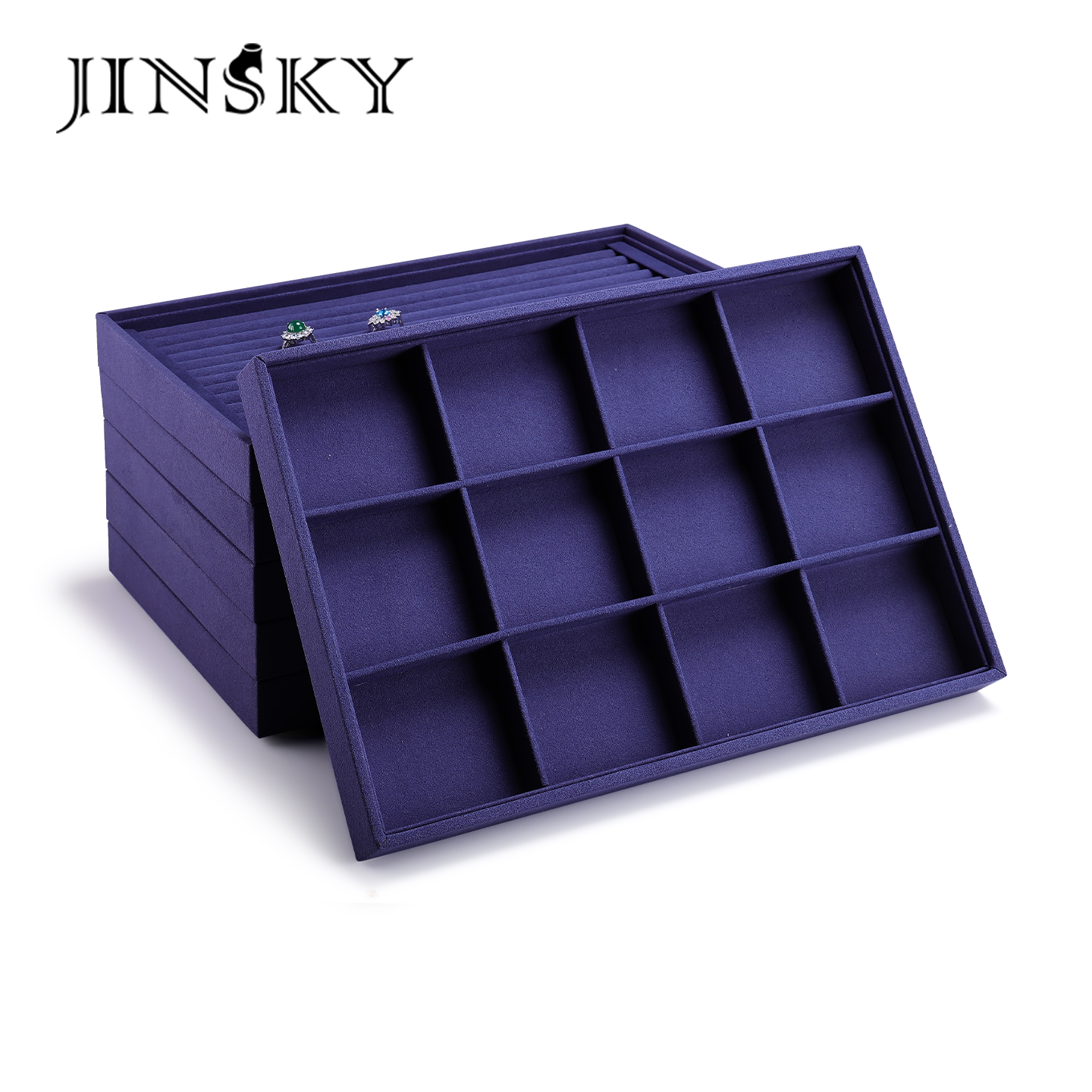 JINSKY高档多格珠宝展示架蓝色饰品收纳展示盘柜台道具桌面收纳