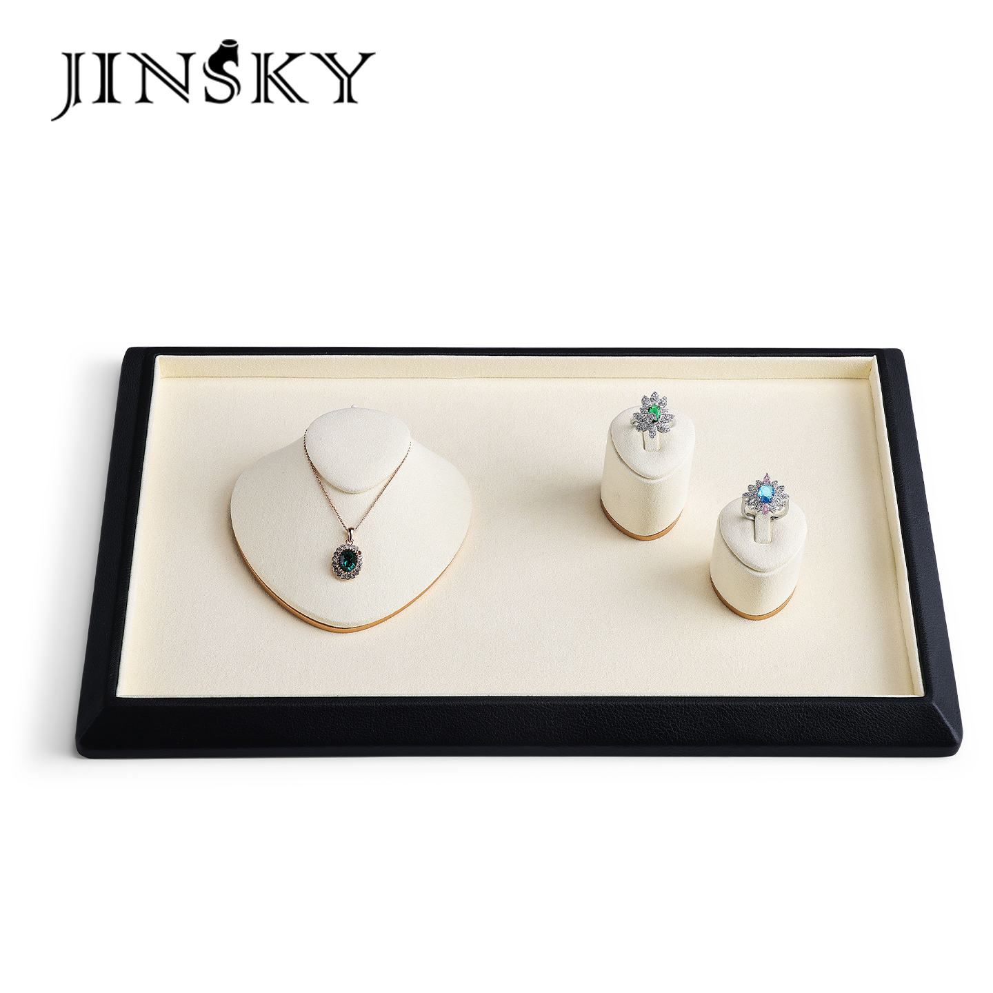 JINSKY珠宝首饰展示架米色绒面项链戒指耳环托盘简约展示盒
