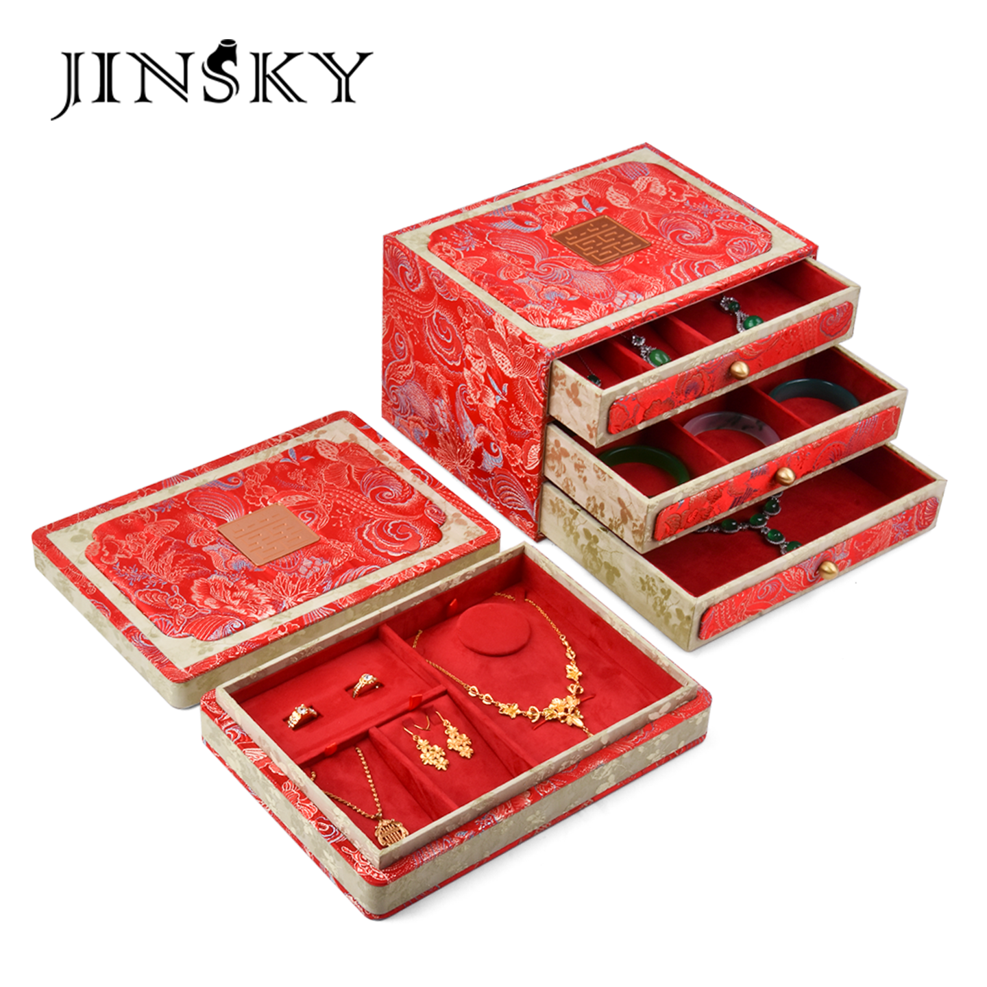 JINSKY中国风双喜锦绣中式首饰盒套装便携收纳盒红色织锦多层分格
