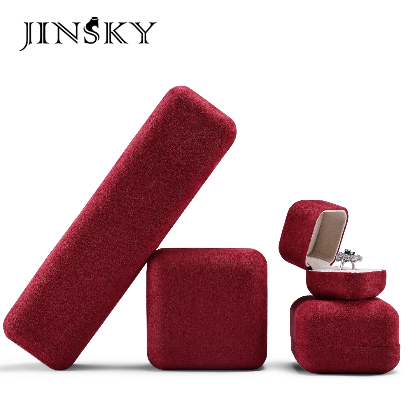 JINSKY绒面首饰盒戒指项链手镯收纳盒便携式翻盖展示盒珠宝收纳