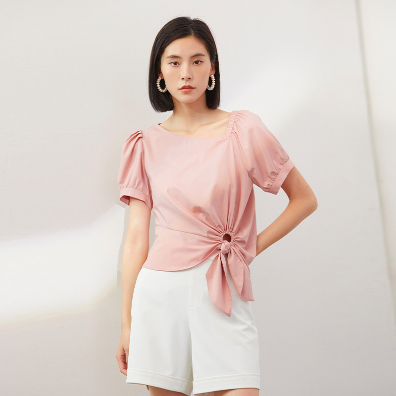 杨门2025夏季新款衬衣短袖衬衫女宽松显瘦套头上衣方领衬衫粉色