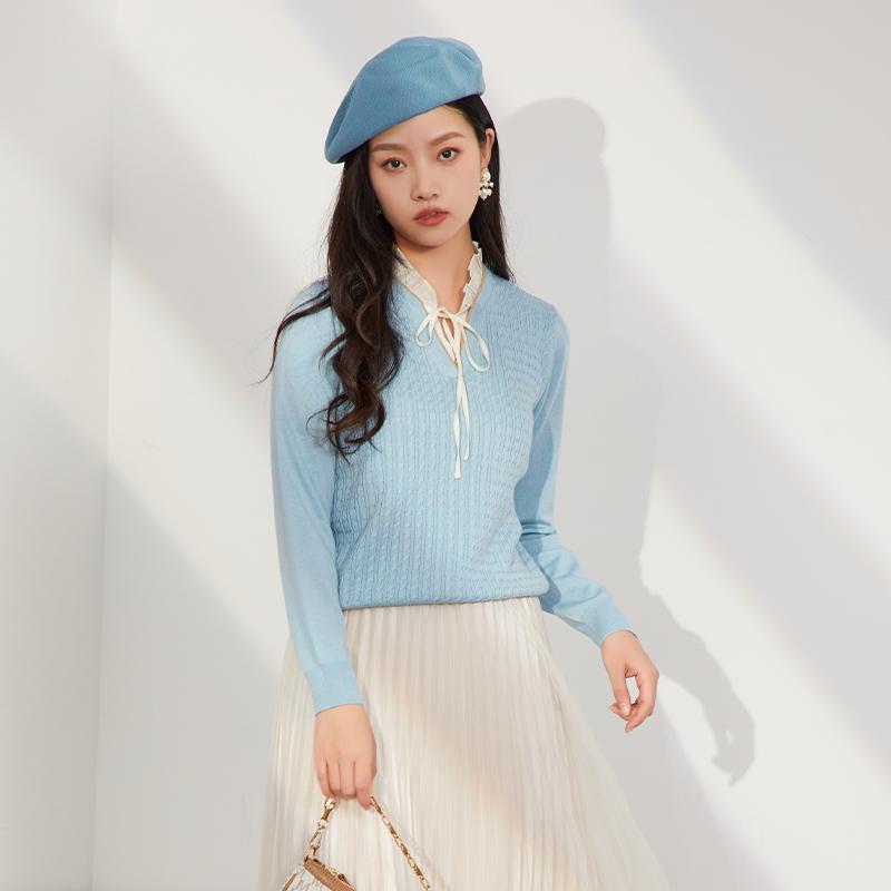 针织衫EMOO杨门系带领套头