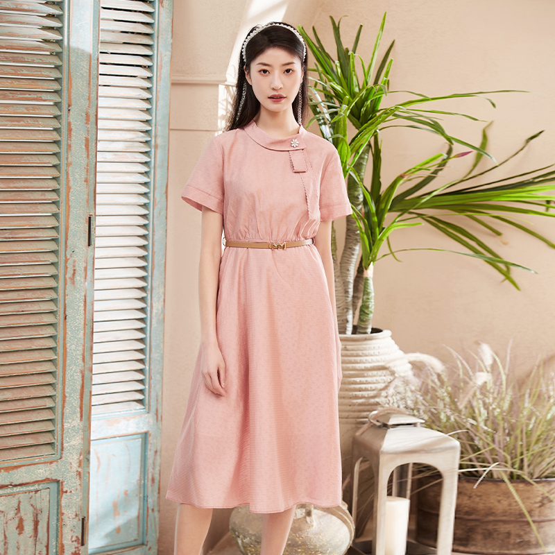 杨门文艺淑女粉色连衣裙女夏季设计感小众2025年新款收腰显瘦裙子