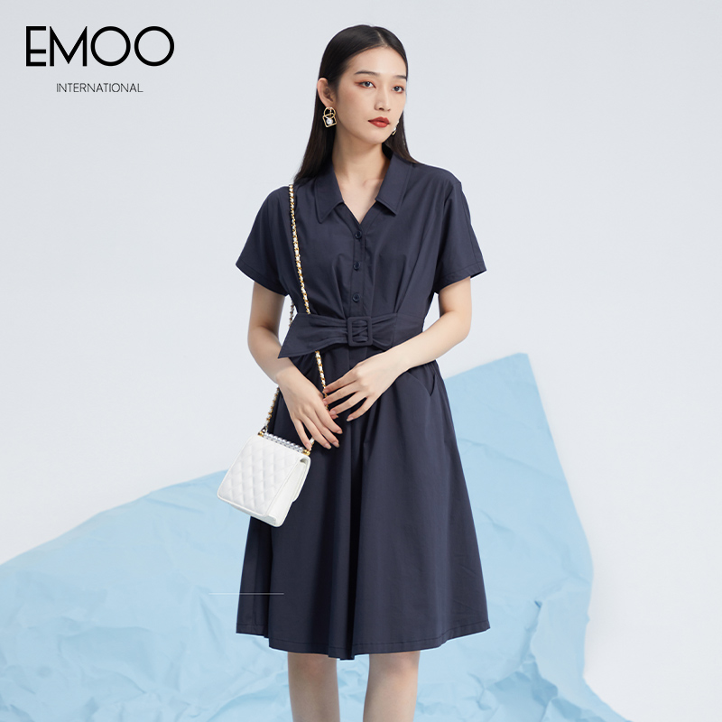 杨门连衣裙2025新款女夏季短袖超好看连衣裙衬衫领藏青色中长裙