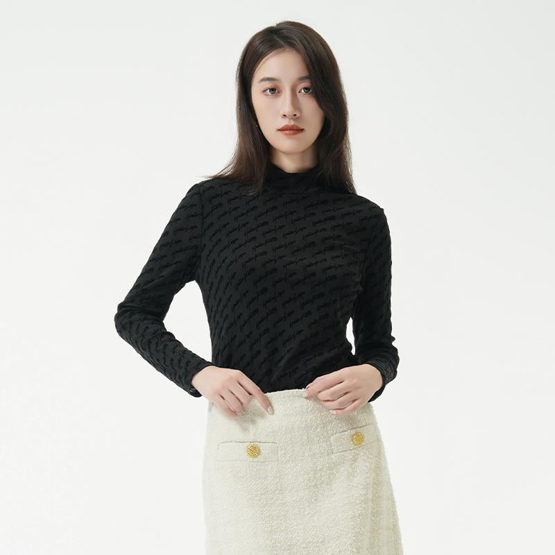 EMOO杨门冬季黑色半高领提花针织衫女长袖修身显瘦打底衫亲肤上衣