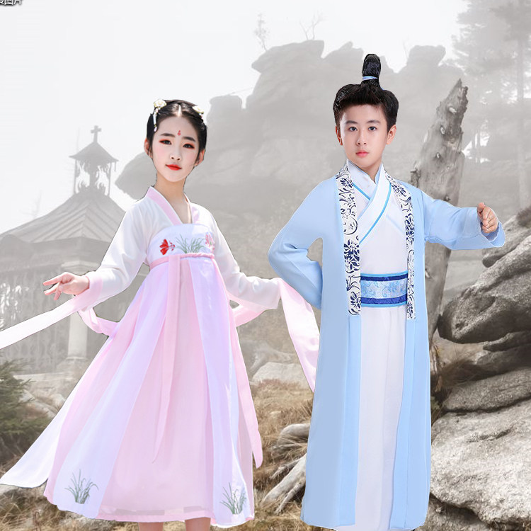 儿童古装汉服襦裙女童汉服雪纺长袖仙女幼儿侠客男童古装裙子抖音