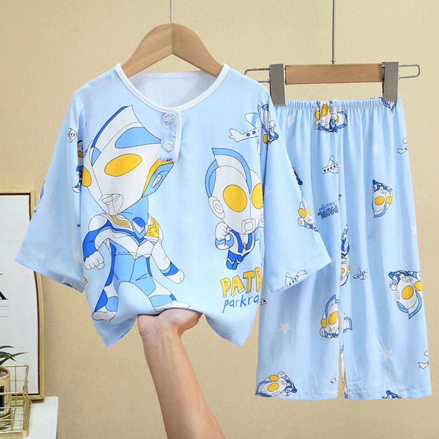 儿童睡衣夏季棉绸空调服长袖哪吒男女童奥特曼宝宝薄款家居服套装