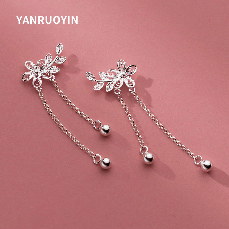 990足银耳钉女纯银气质花朵流苏长款森系耳坠小众设计感甜美百搭