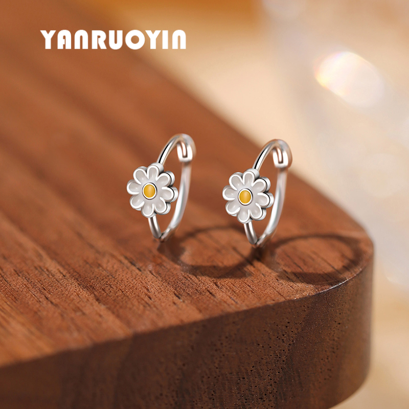 纯银耳环女森系雏菊设计甜美百搭花朵可爱少女学生养耳洞免摘耳扣