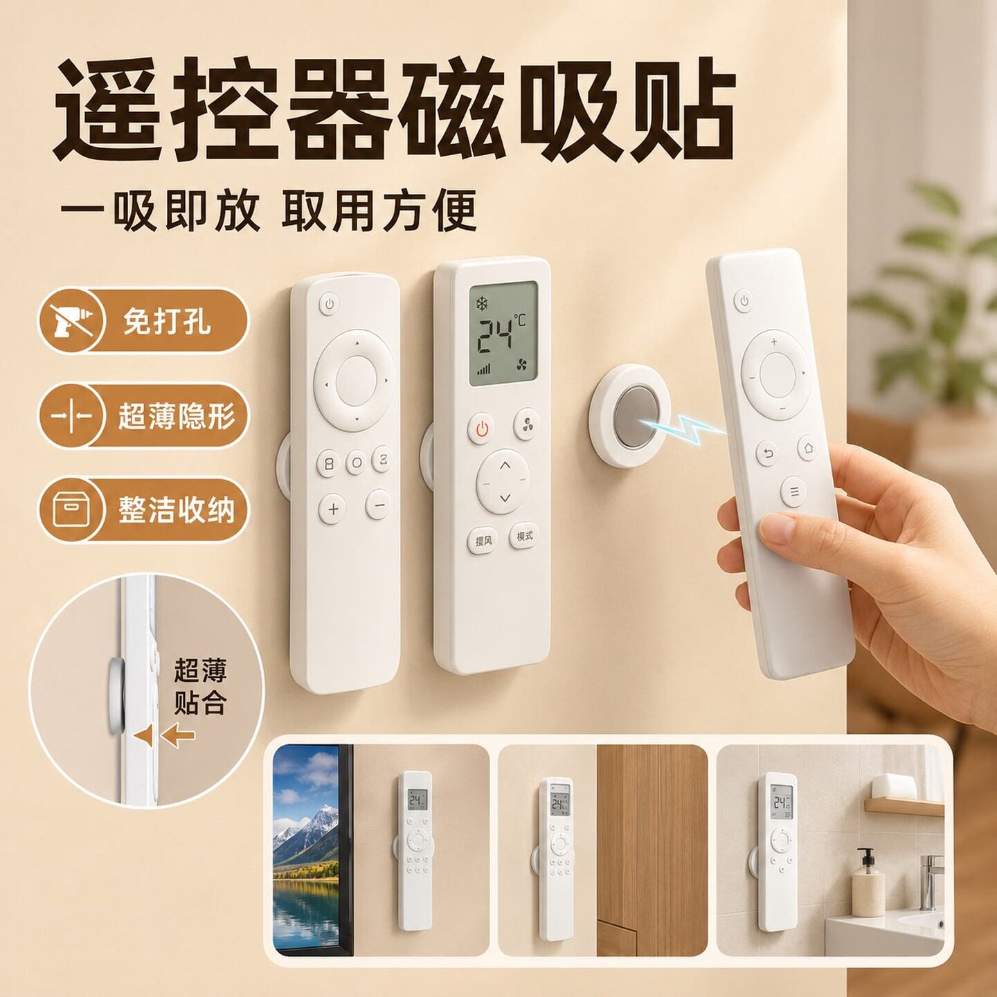 遥控器磁吸贴电视空调遥控器墙上收纳吸片免打孔壁挂强力磁吸挂钩