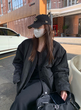 【清仓】韩版黑色V领棉衣棉服女冬季新款休闲宽松慵懒风夹棉外套