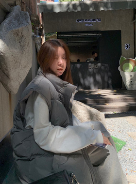 LIL CHER灰色白鸭绒立领秋冬羽绒马甲背心女冬季外穿宽松加厚外套