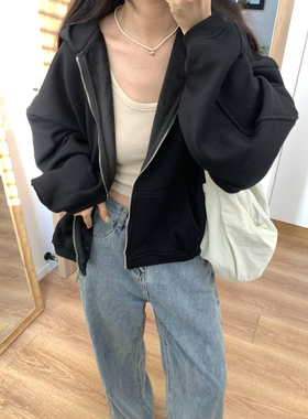 LIL CHER宽松休闲秋冬季新款黑色外穿上衣慵懒加厚加绒卫衣女外套