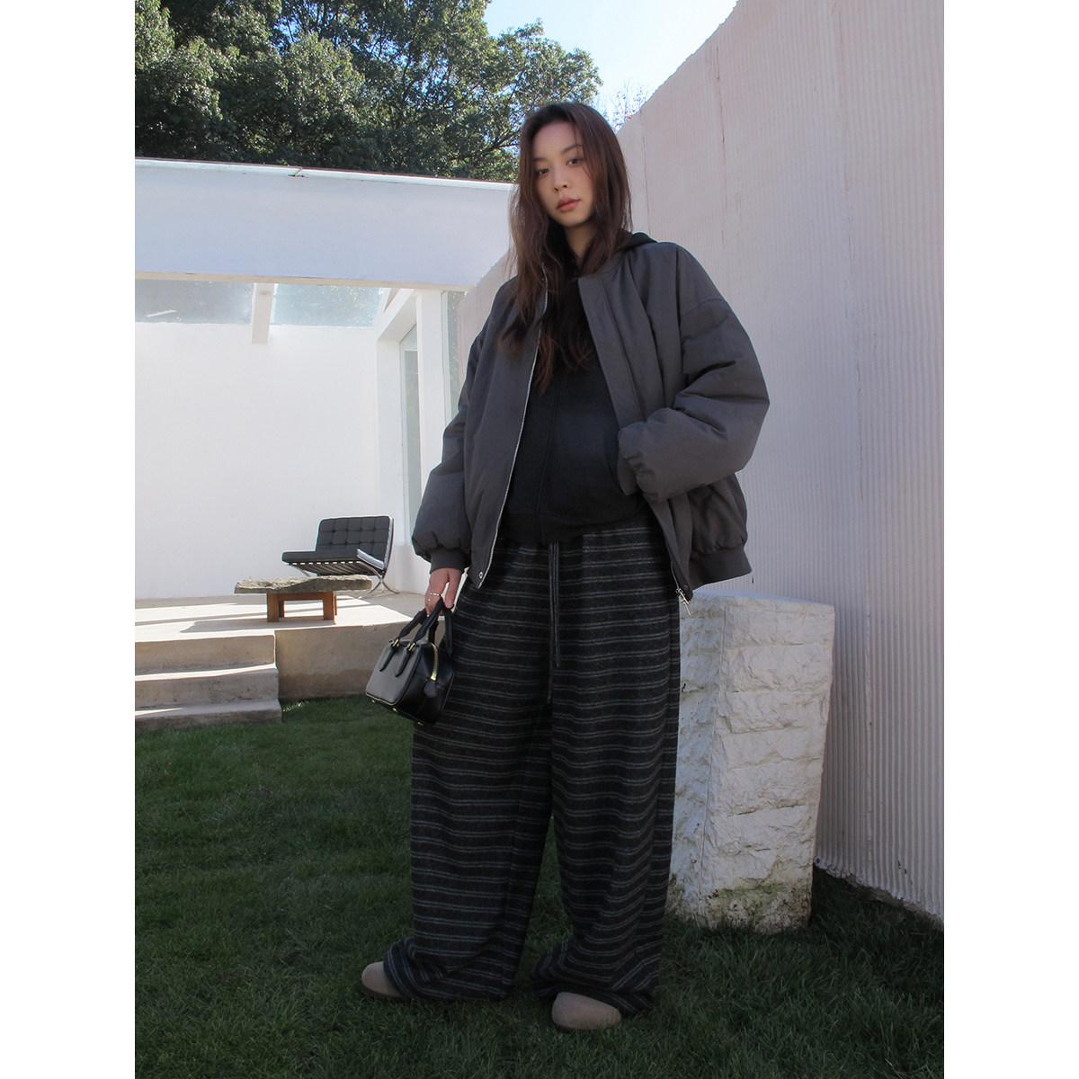 加绒加厚条纹休闲裤女秋冬阔腿裤